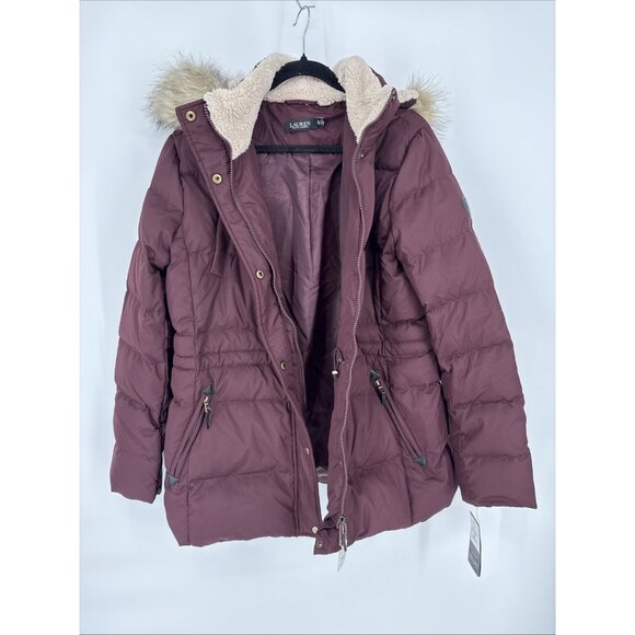 Lauren Ralph Lauren womens XL Burgundy Down Puffer Coat Faux Fur Hooded Jacket - Picture 6 of 10